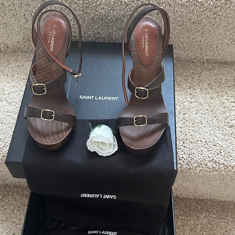 Saint Laurent Dark Brown Leather Platform Slingback Sandals